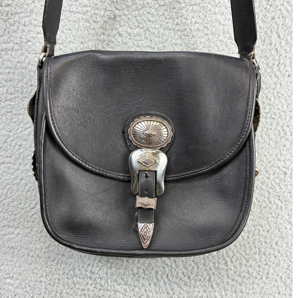 Brighton Vintage Western Concho Crossbody Shoulder Bag Womens M Black Leather